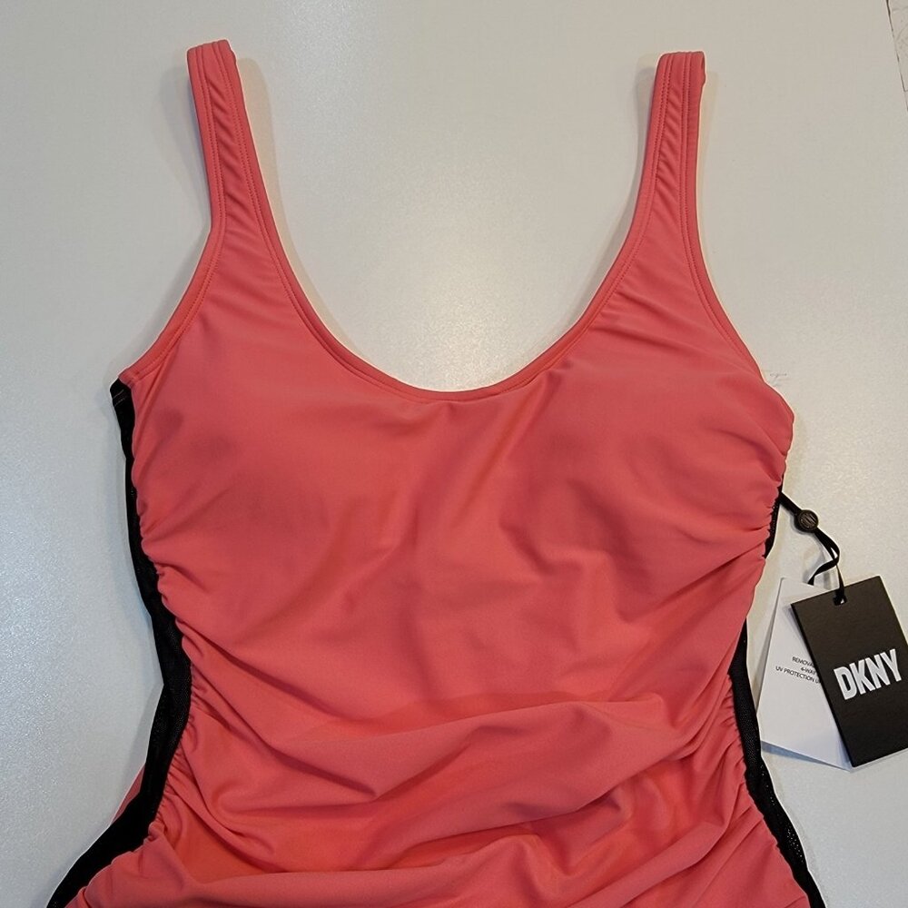DKNY Ruched V-Neck One-Piece‎ Swimsuit Watermelon Sz 10 NWT - Picture 4 of 11